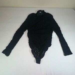 Free People Intimately Black Textured Mock Neck Long Sleeve Bodysuit‎ Size M NWT